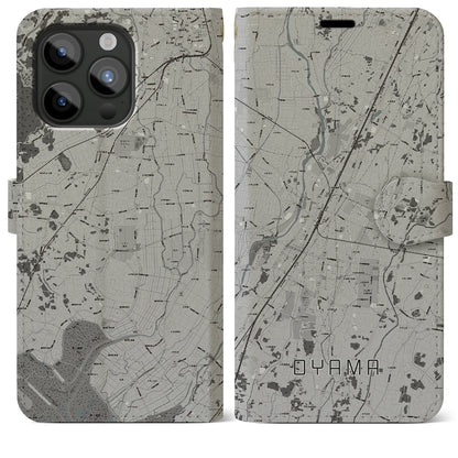 【小山（栃木県）】地図柄iPhoneケース（手帳タイプ）モノトーン・iPhone 15 Pro Max 用