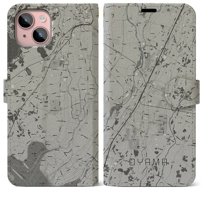 【小山（栃木県）】地図柄iPhoneケース（手帳タイプ）モノトーン・iPhone 15 Plus 用