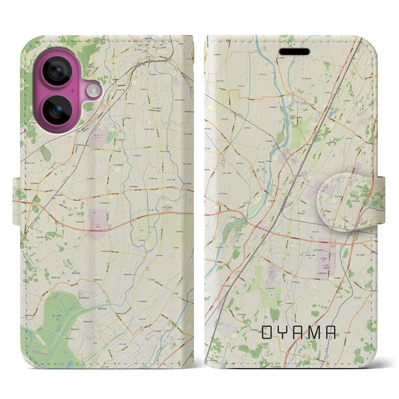 【小山（栃木県）】地図柄iPhoneケース（手帳タイプ）ナチュラル・iPhone 16 Pro 用