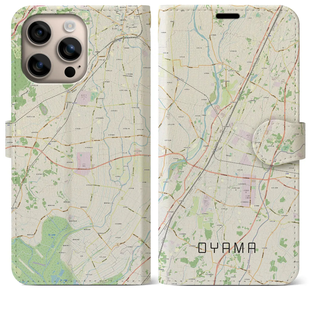 【小山（栃木県）】地図柄iPhoneケース（手帳タイプ）ナチュラル・iPhone 16 Plus 用