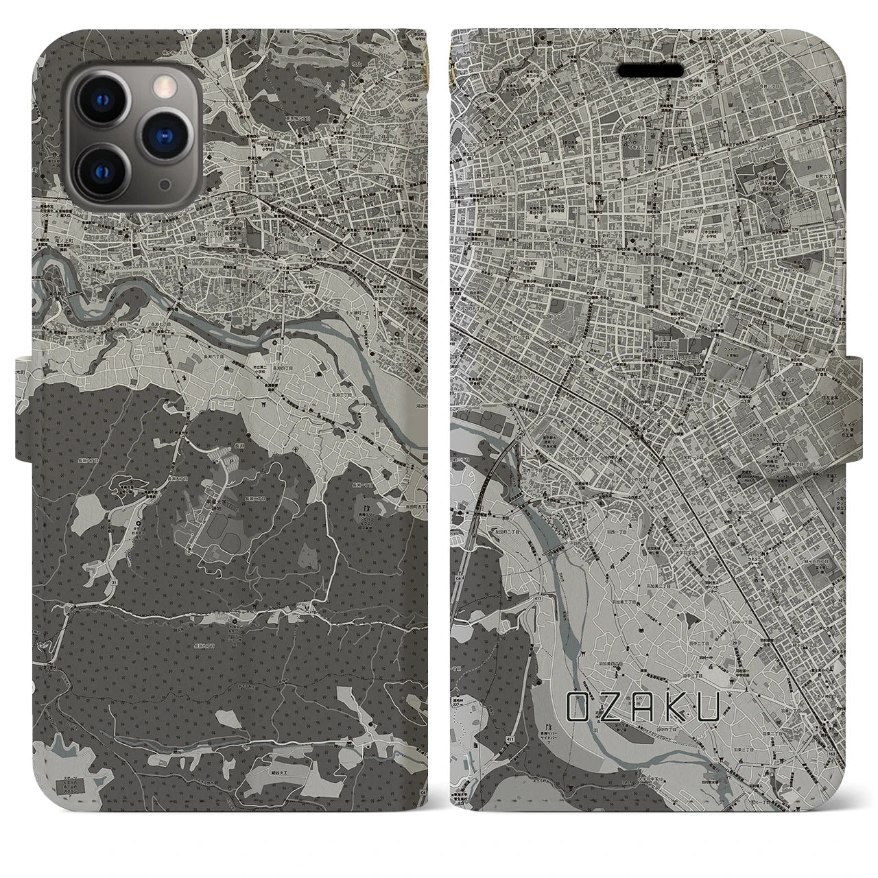 【小作】地図柄iPhoneケース（手帳両面タイプ・モノトーン）iPhone 11 Pro Max 用