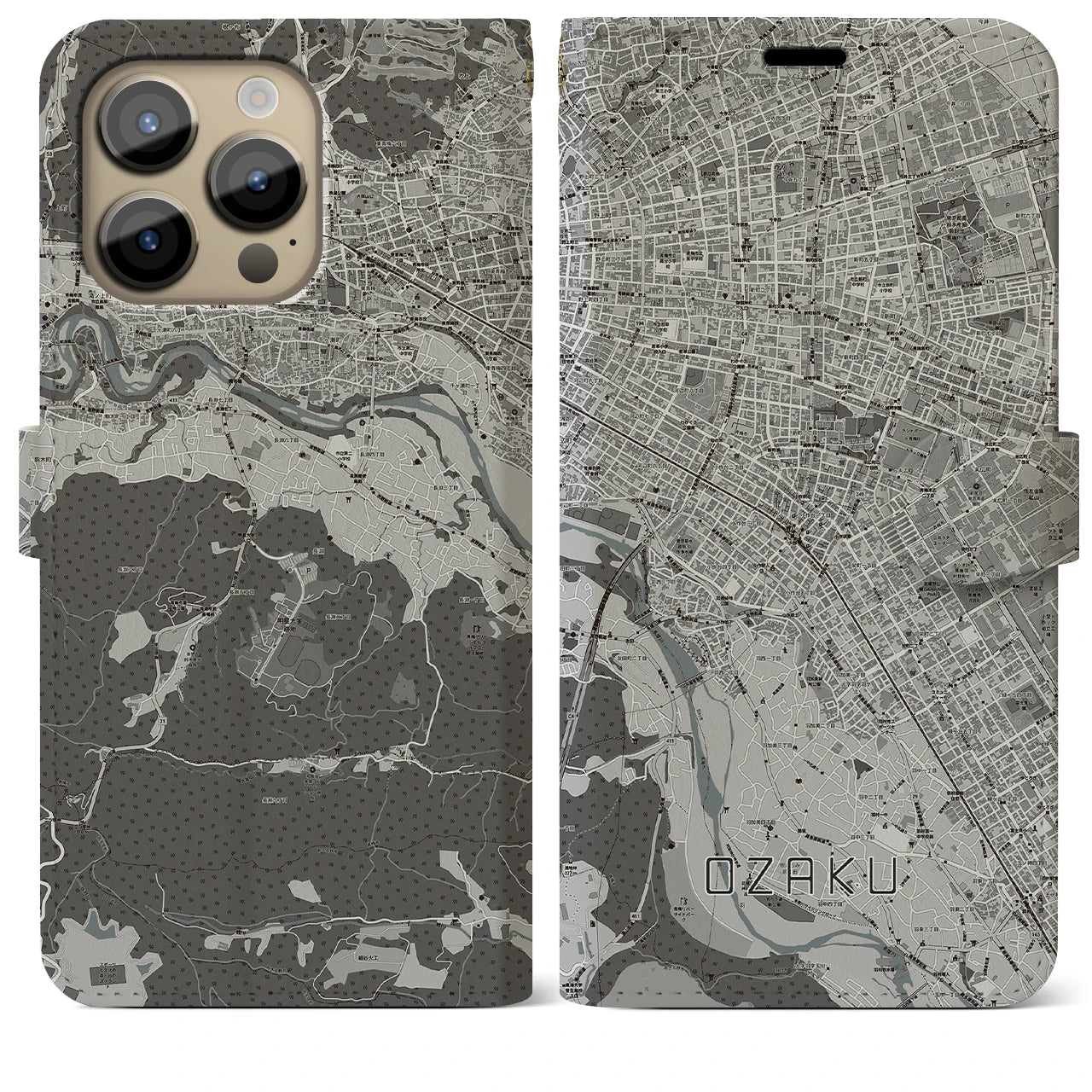 【小作】地図柄iPhoneケース（手帳両面タイプ・モノトーン）iPhone 14 Pro Max 用