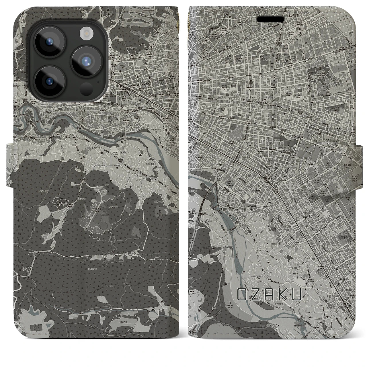 【小作】地図柄iPhoneケース（手帳両面タイプ・モノトーン）iPhone 15 Pro Max 用