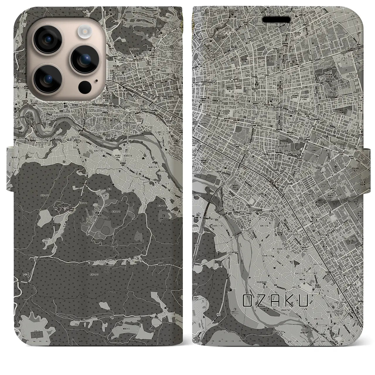 【小作（東京都）】地図柄iPhoneケース（手帳タイプ）モノトーン・iPhone 16 Plus 用