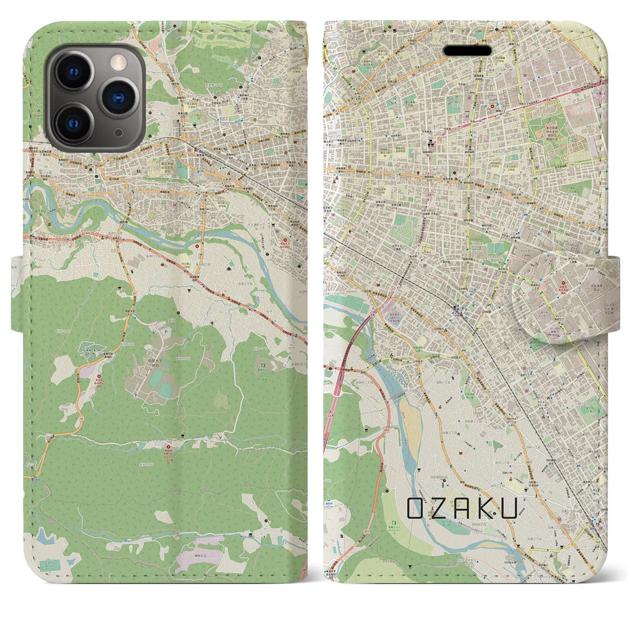 【小作（東京都）】地図柄iPhoneケース（手帳タイプ）ナチュラル・iPhone 11 Pro Max 用