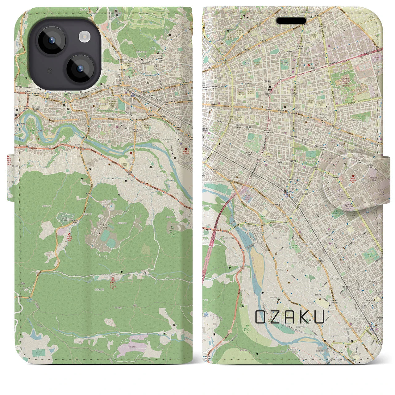 【小作（東京都）】地図柄iPhoneケース（手帳タイプ）ナチュラル・iPhone 14 Plus 用