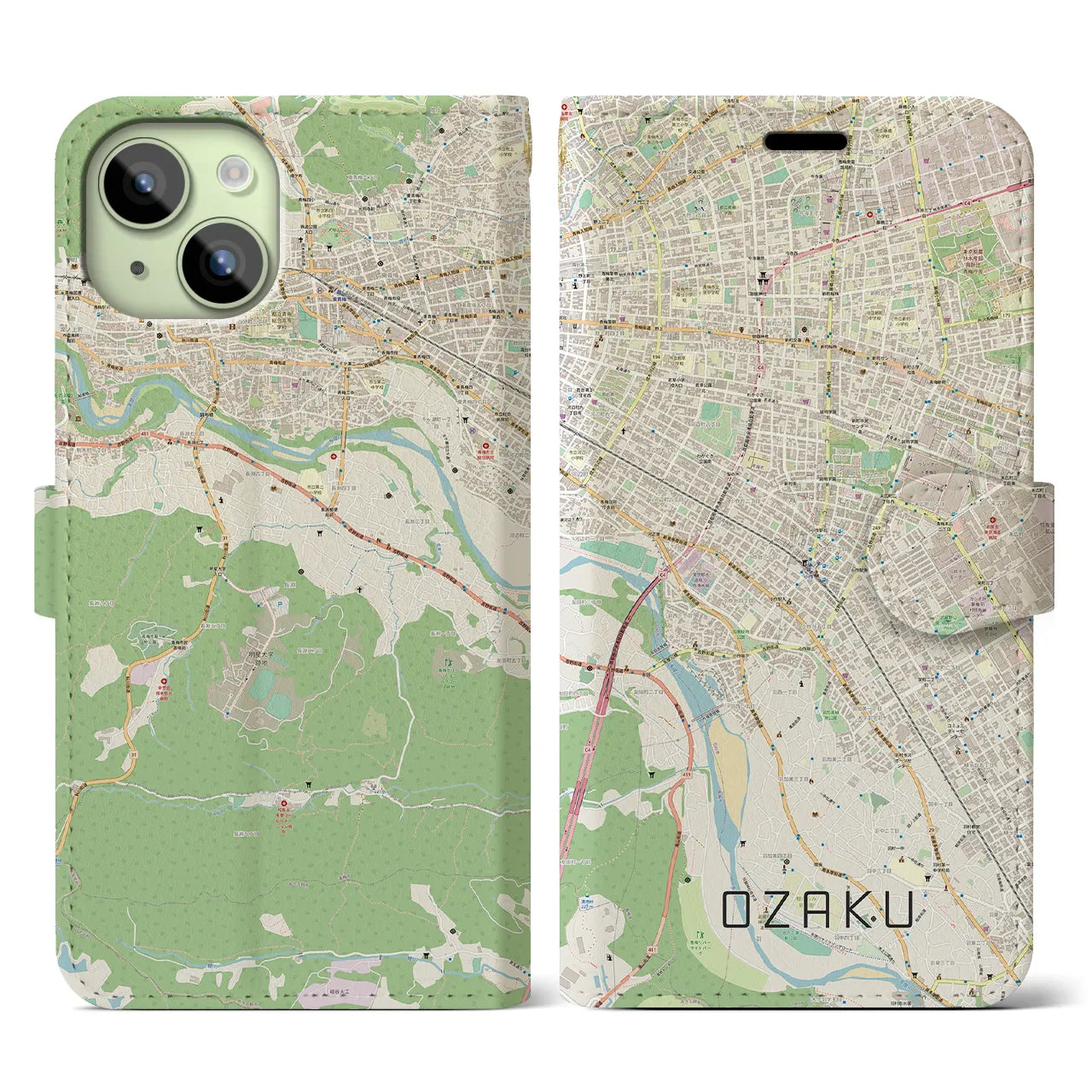 【小作（東京都）】地図柄iPhoneケース（手帳タイプ）ナチュラル・iPhone 15 用