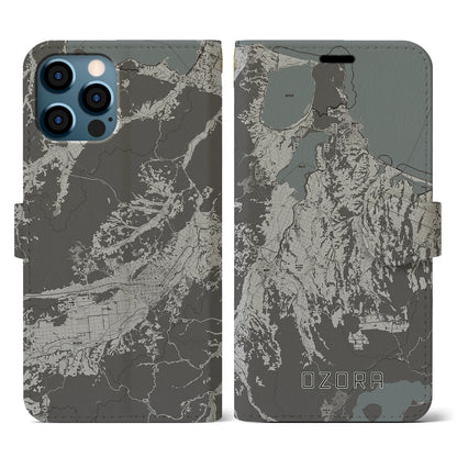 【大空（北海道）】地図柄iPhoneケース（手帳タイプ）モノトーン・iPhone 12 / 12 Pro 用