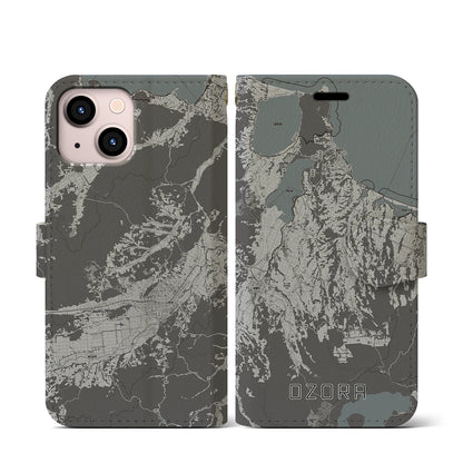 【大空（北海道）】地図柄iPhoneケース（手帳タイプ）モノトーン・iPhone 13 mini 用