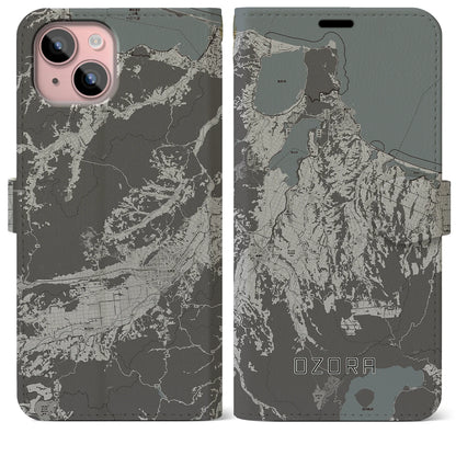 【大空（北海道）】地図柄iPhoneケース（手帳タイプ）モノトーン・iPhone 15 Plus 用