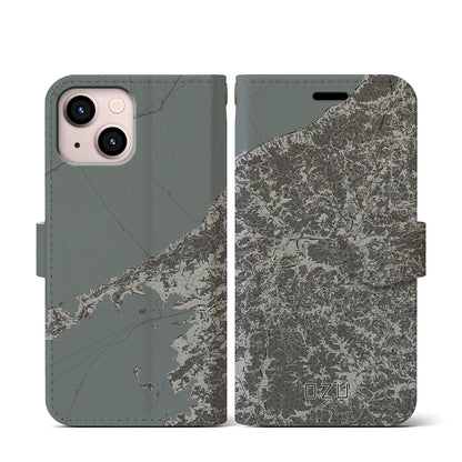 【大洲（愛媛県）】地図柄iPhoneケース（手帳タイプ）モノトーン・iPhone 13 mini 用