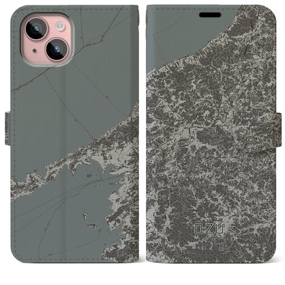 【大洲（愛媛県）】地図柄iPhoneケース（手帳タイプ）モノトーン・iPhone 15 Plus 用