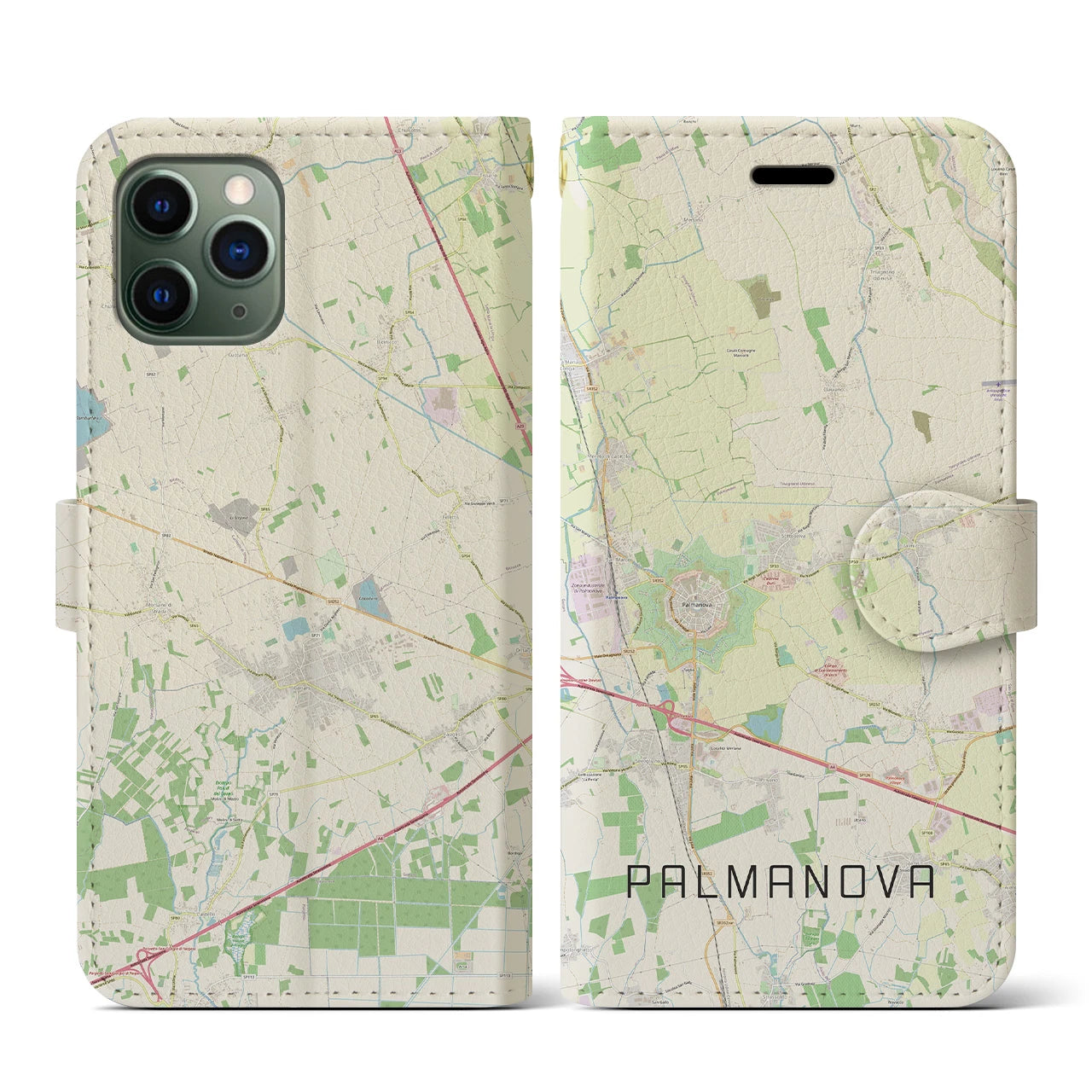 【パルマノーヴァ】地図柄iPhoneケース（手帳両面タイプ・ナチュラル）iPhone 11 Pro 用