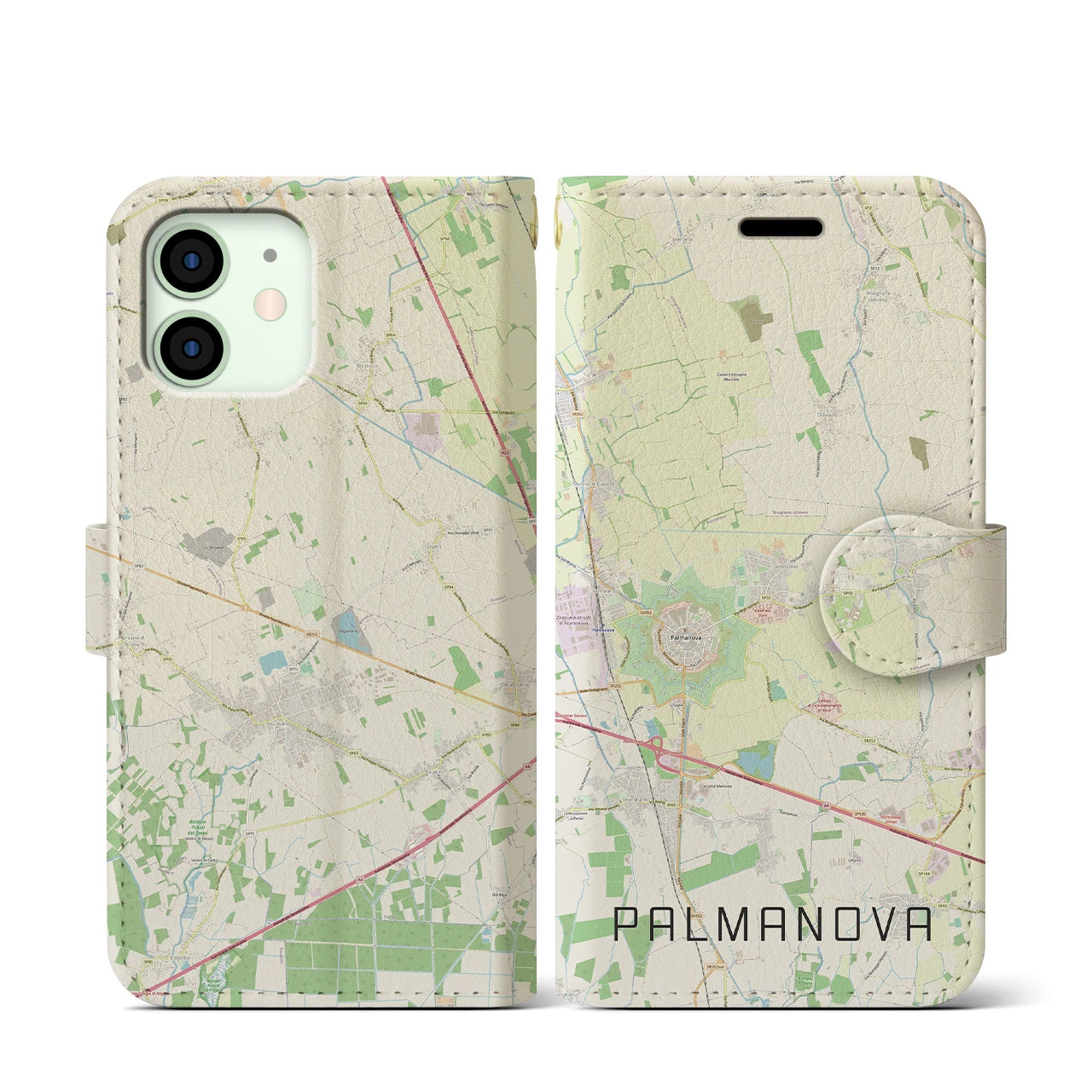 【パルマノーヴァ】地図柄iPhoneケース（手帳両面タイプ・ナチュラル）iPhone 12 mini 用