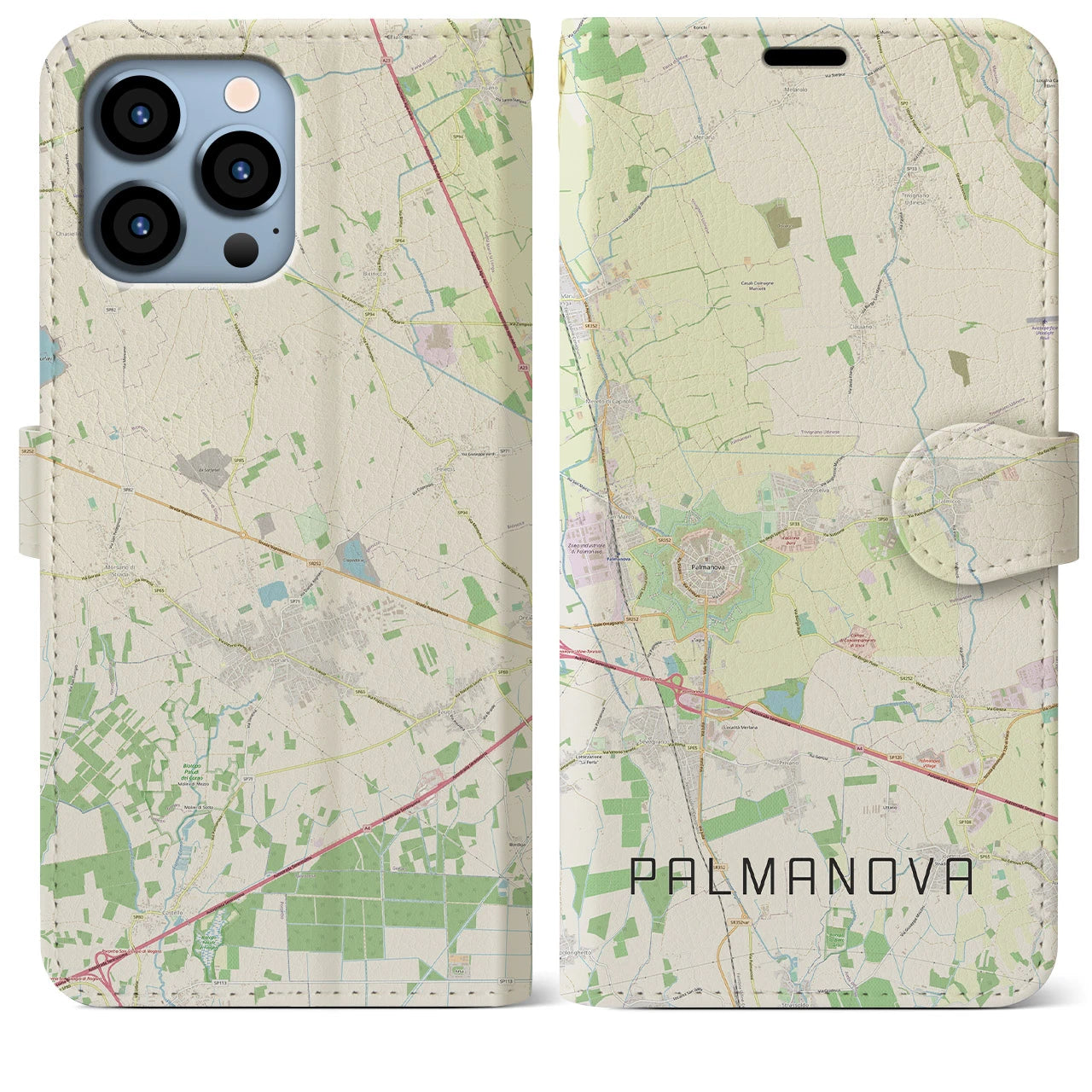 【パルマノーヴァ】地図柄iPhoneケース（手帳両面タイプ・ナチュラル）iPhone 13 Pro Max 用