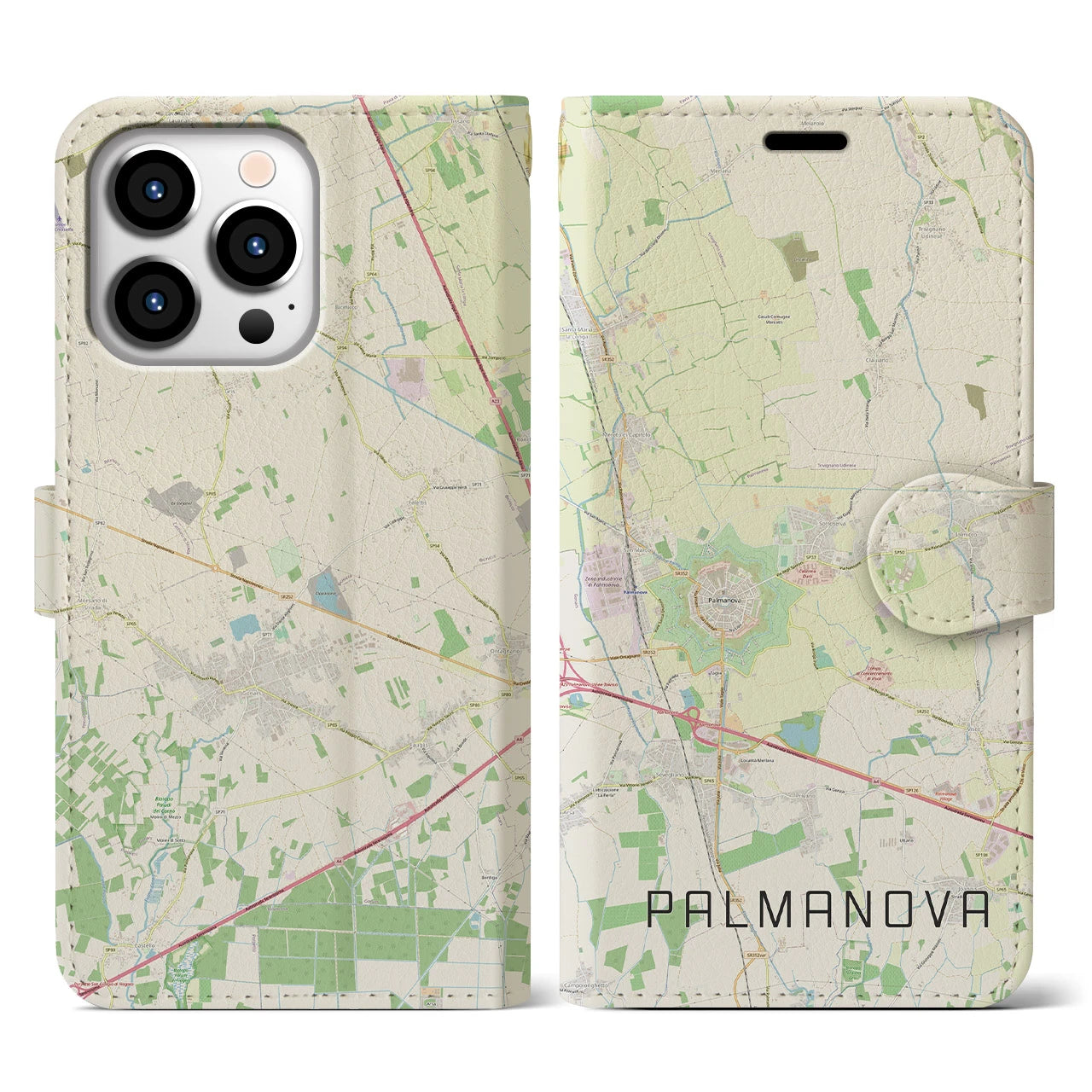 【パルマノーヴァ】地図柄iPhoneケース（手帳両面タイプ・ナチュラル）iPhone 13 Pro 用