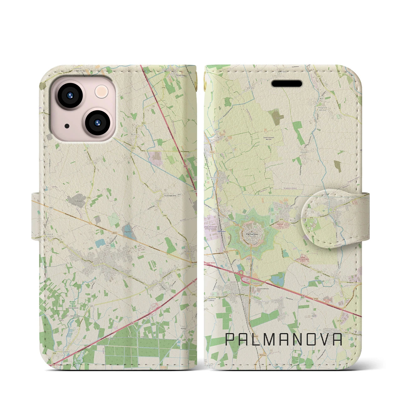 【パルマノーヴァ】地図柄iPhoneケース（手帳両面タイプ・ナチュラル）iPhone 13 mini 用