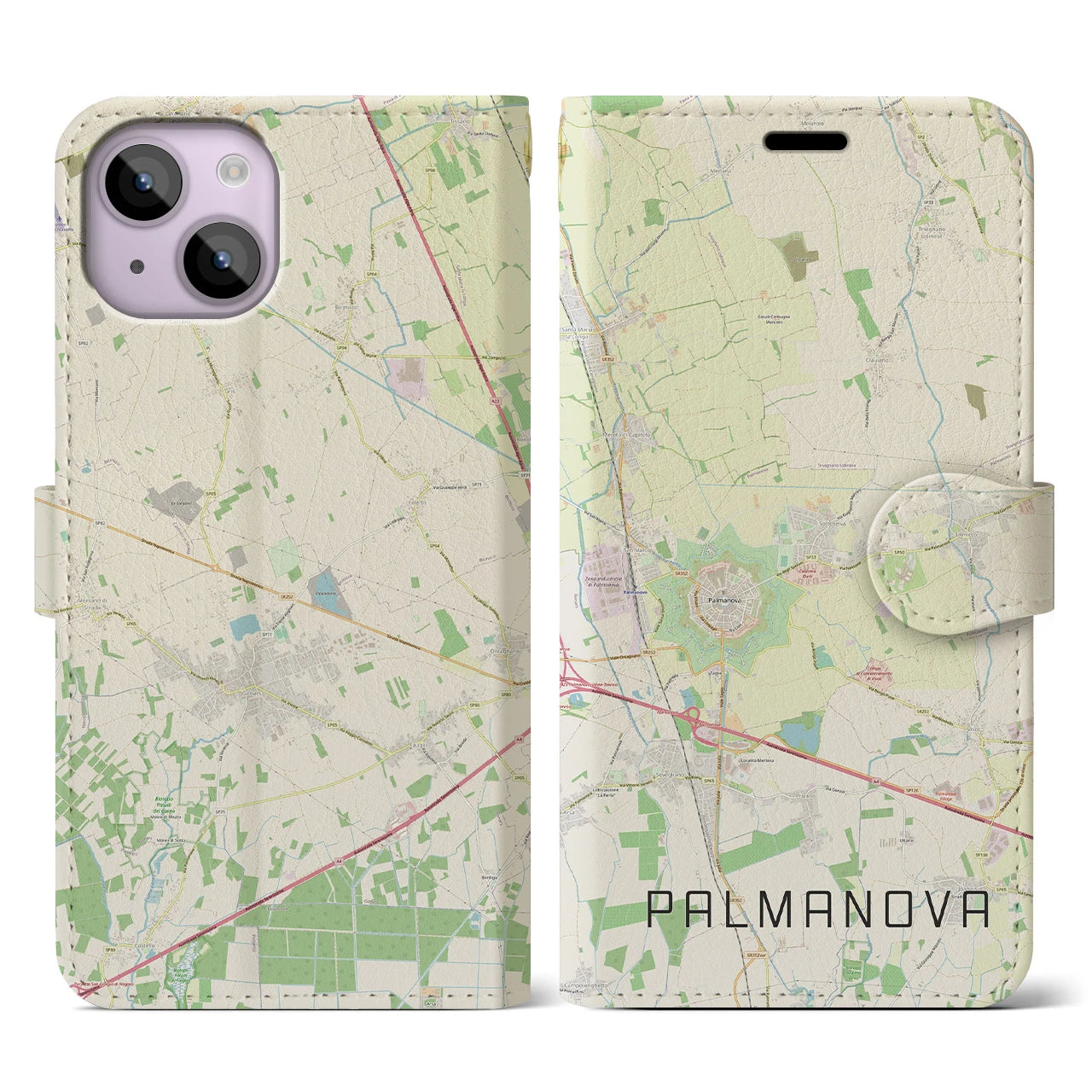 【パルマノーヴァ】地図柄iPhoneケース（手帳両面タイプ・ナチュラル）iPhone 14 用