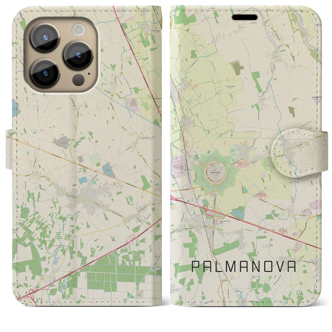 【パルマノーヴァ】地図柄iPhoneケース（手帳両面タイプ・ナチュラル）iPhone 14 Pro Max 用