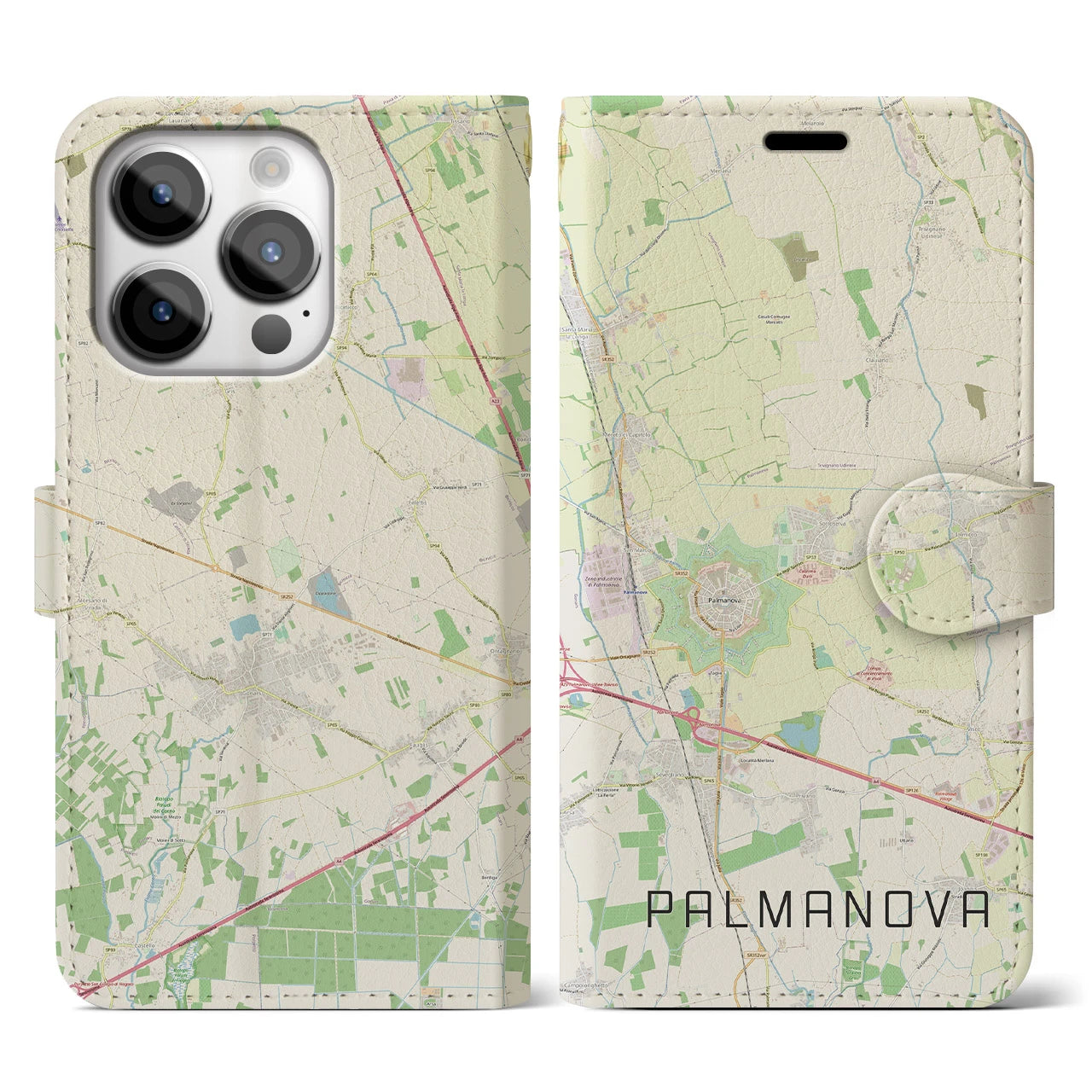 【パルマノーヴァ】地図柄iPhoneケース（手帳両面タイプ・ナチュラル）iPhone 14 Pro 用