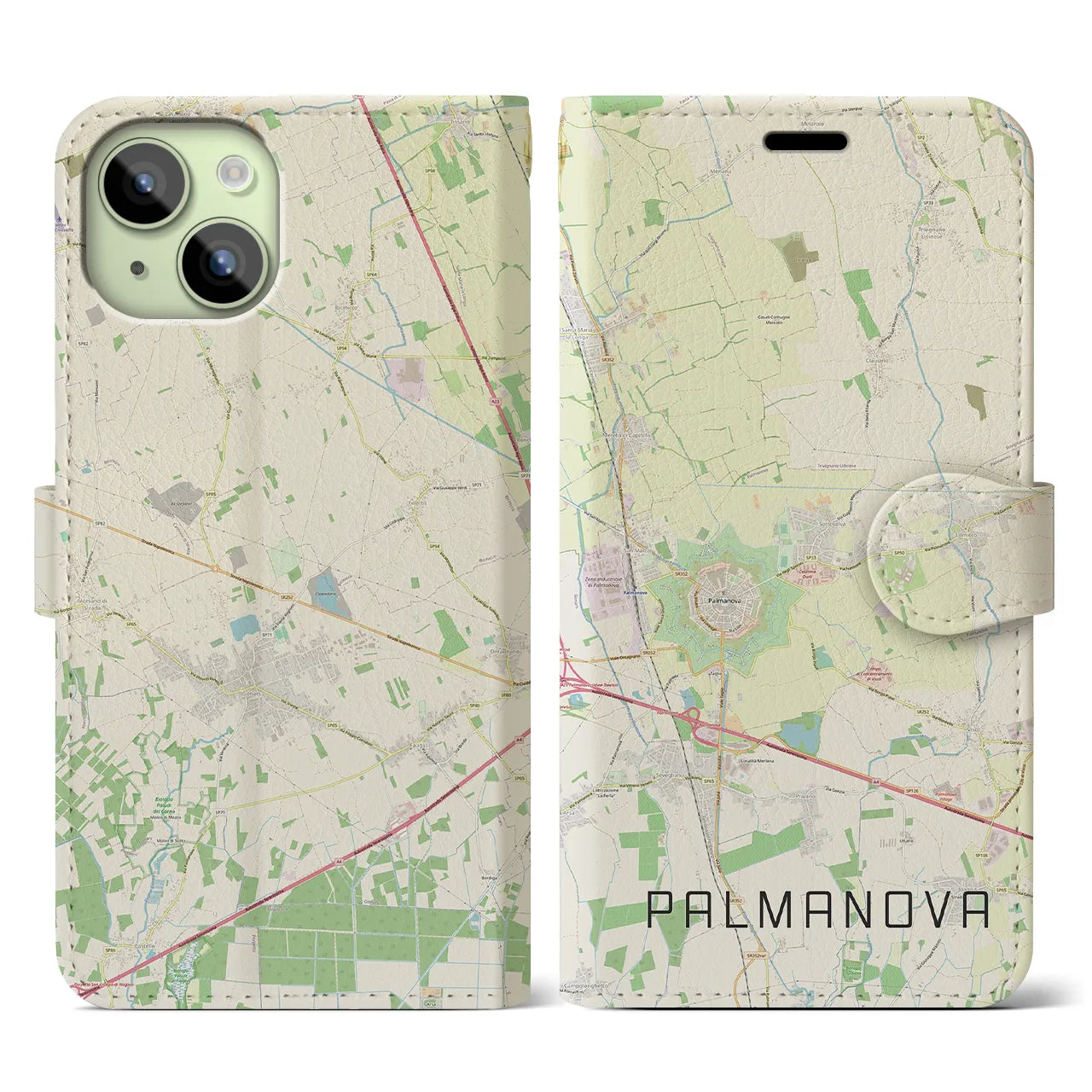 【パルマノーヴァ】地図柄iPhoneケース（手帳両面タイプ・ナチュラル）iPhone 15 用