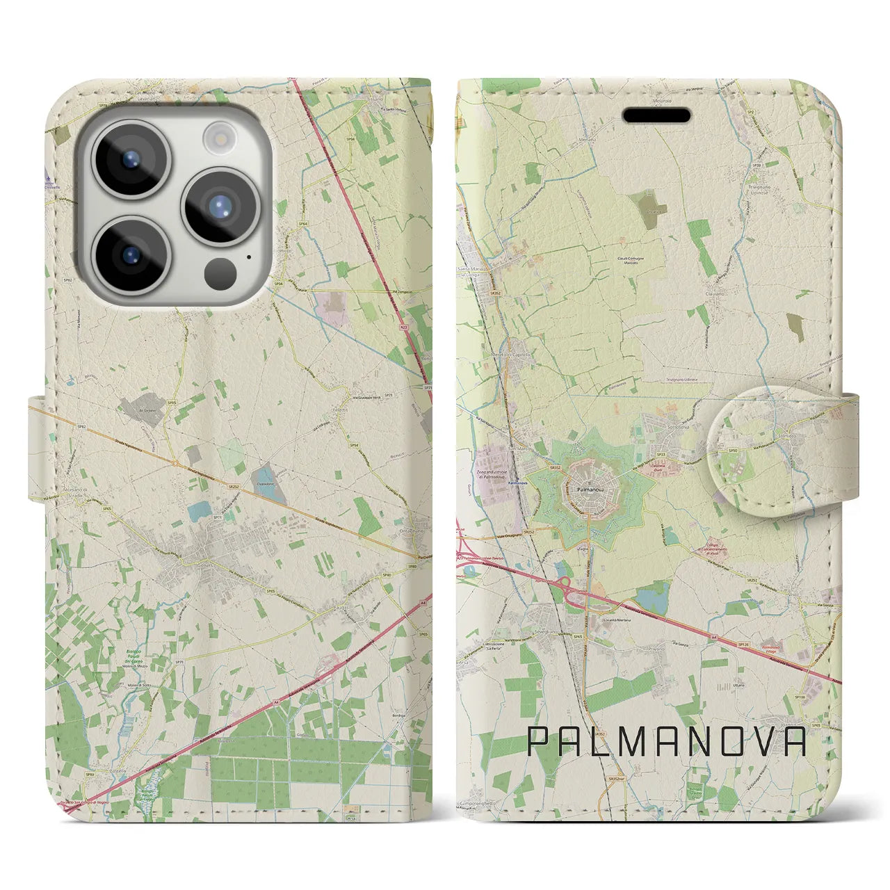【パルマノーヴァ】地図柄iPhoneケース（手帳両面タイプ・ナチュラル）iPhone 15 Pro 用