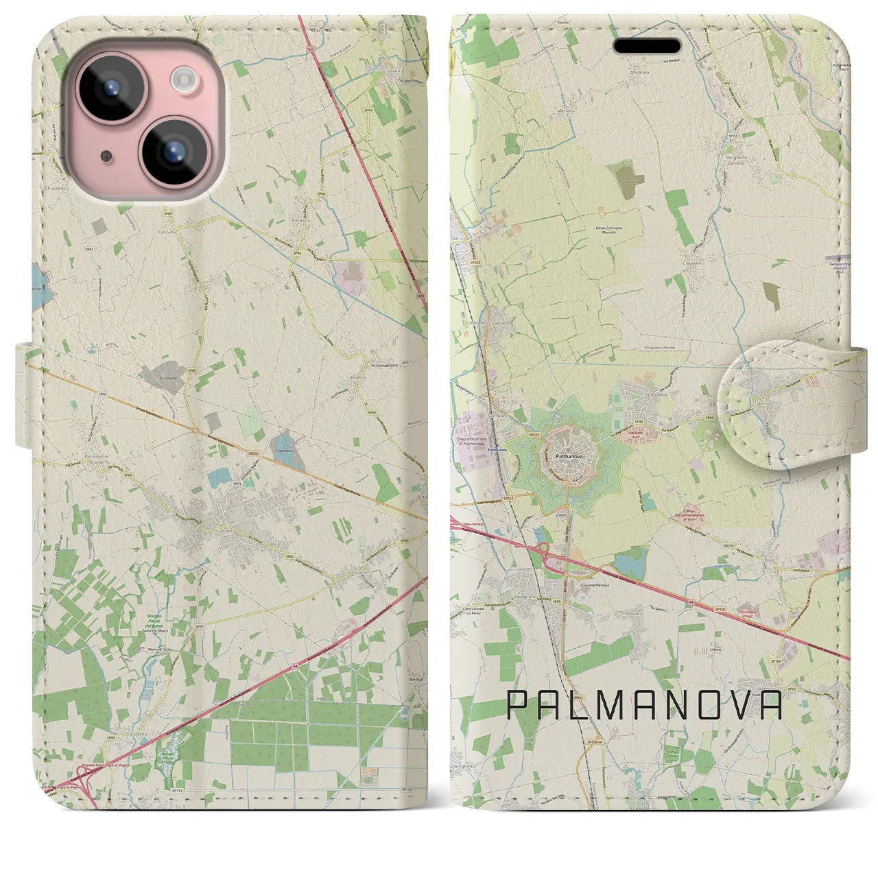 【パルマノーヴァ】地図柄iPhoneケース（手帳両面タイプ・ナチュラル）iPhone 15 Plus 用