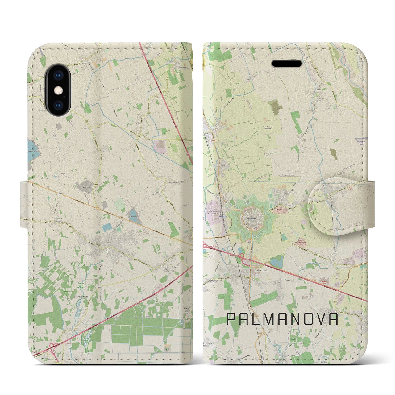 【パルマノーヴァ】地図柄iPhoneケース（手帳両面タイプ・ナチュラル）iPhone XS / X 用
