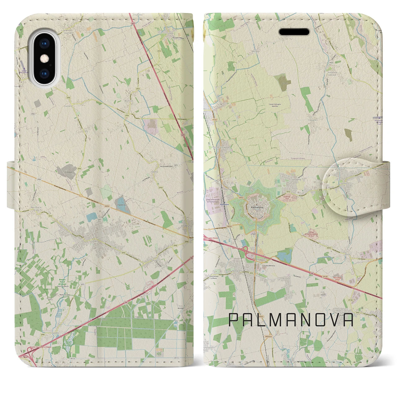 【パルマノーヴァ】地図柄iPhoneケース（手帳両面タイプ・ナチュラル）iPhone XS Max 用