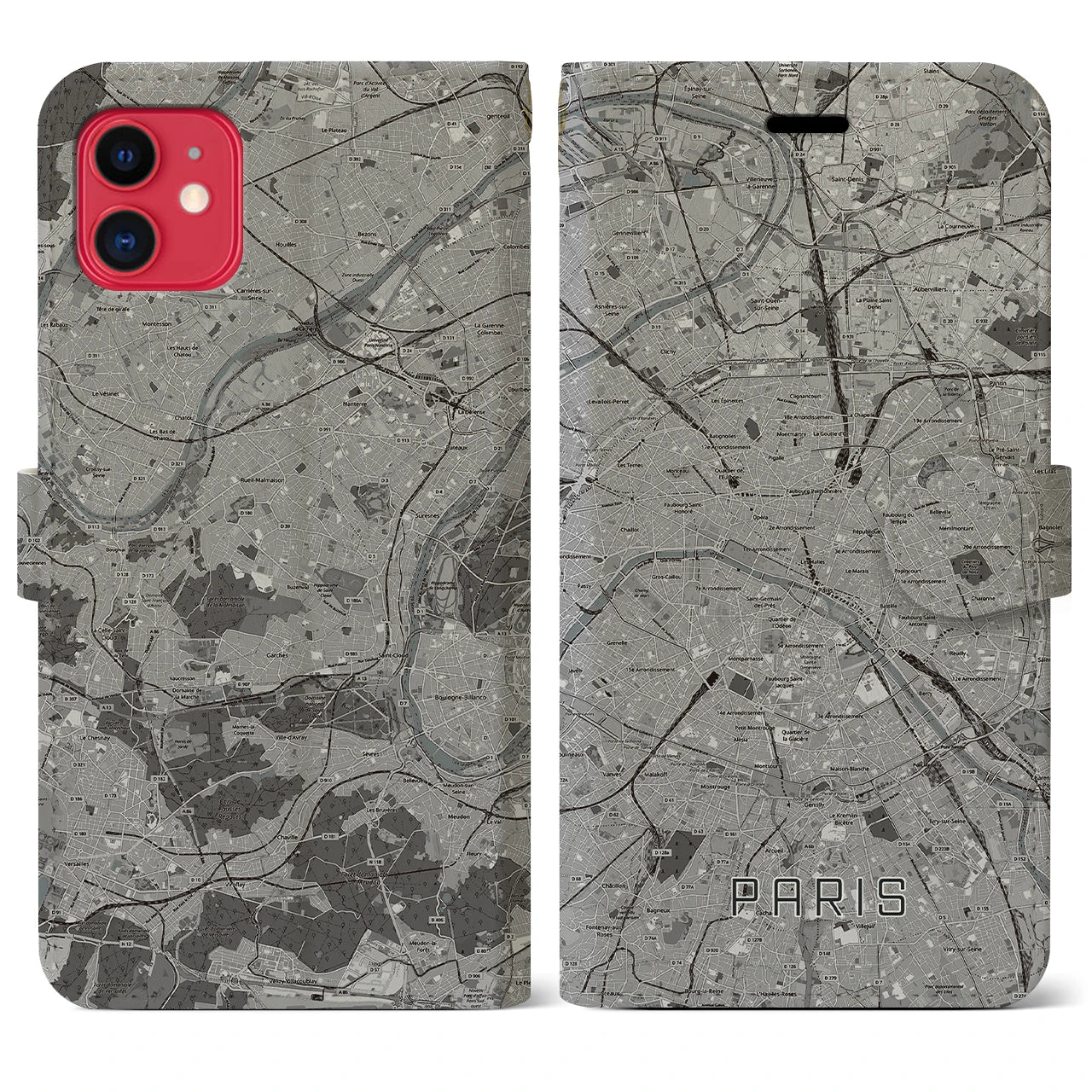 【パリ】地図柄iPhoneケース（手帳両面タイプ・モノトーン）iPhone 11 用