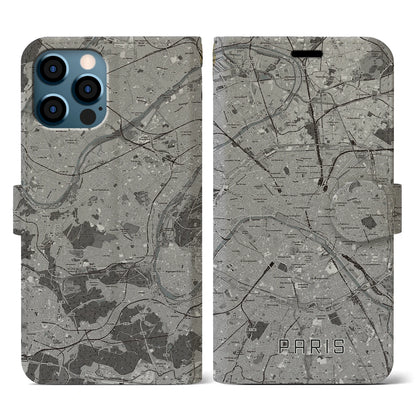 【パリ（フランス）】地図柄iPhoneケース（手帳タイプ）モノトーン・iPhone 12 / 12 Pro 用