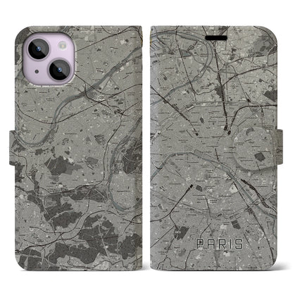 【パリ（フランス）】地図柄iPhoneケース（手帳タイプ）モノトーン・iPhone 14 用