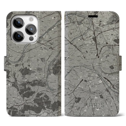 【パリ（フランス）】地図柄iPhoneケース（手帳タイプ）モノトーン・iPhone 14 Pro 用