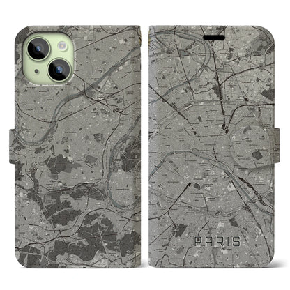 【パリ（フランス）】地図柄iPhoneケース（手帳タイプ）モノトーン・iPhone 15 用