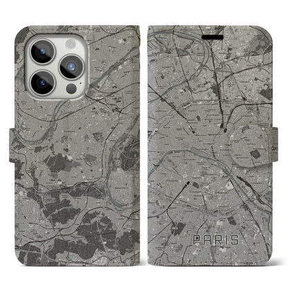 【パリ（フランス）】地図柄iPhoneケース（手帳タイプ）モノトーン・iPhone 15 Pro 用