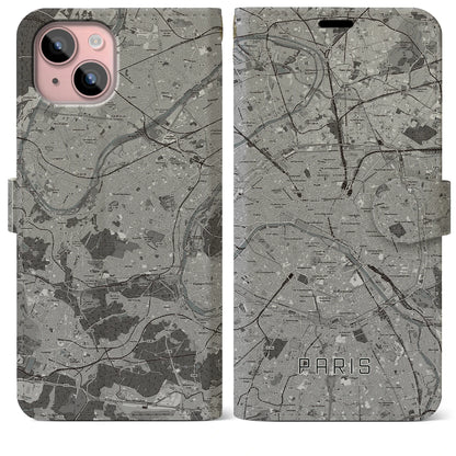 【パリ（フランス）】地図柄iPhoneケース（手帳タイプ）モノトーン・iPhone 15 Plus 用