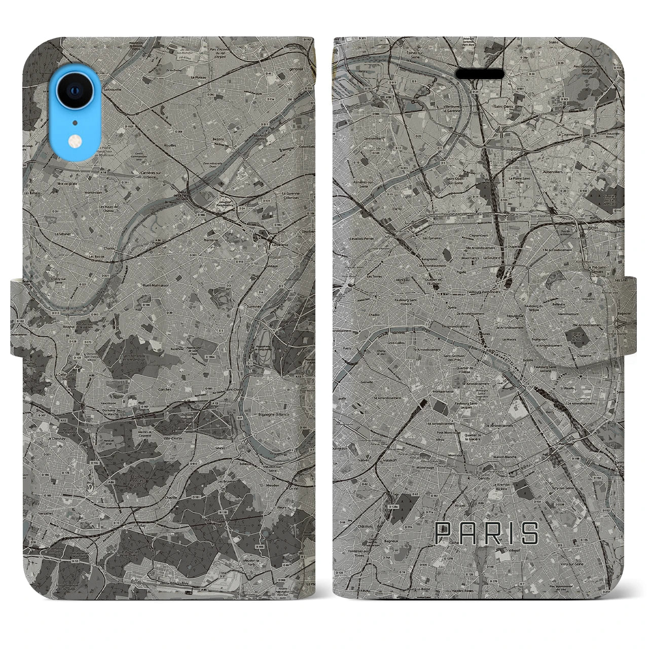【パリ】地図柄iPhoneケース（手帳両面タイプ・モノトーン）iPhone XR 用