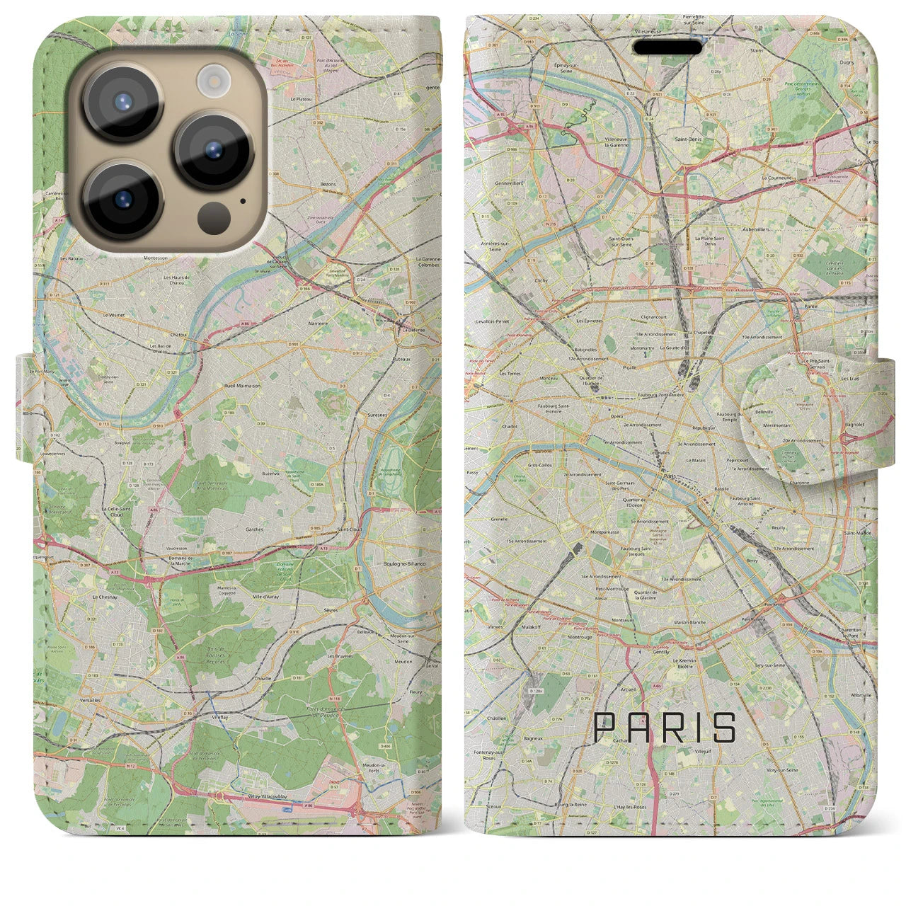 【パリ】地図柄iPhoneケース（手帳両面タイプ・ナチュラル）iPhone 14 Pro Max 用