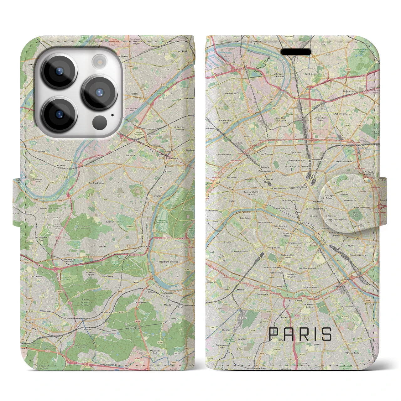 【パリ】地図柄iPhoneケース（手帳両面タイプ・ナチュラル）iPhone 14 Pro 用
