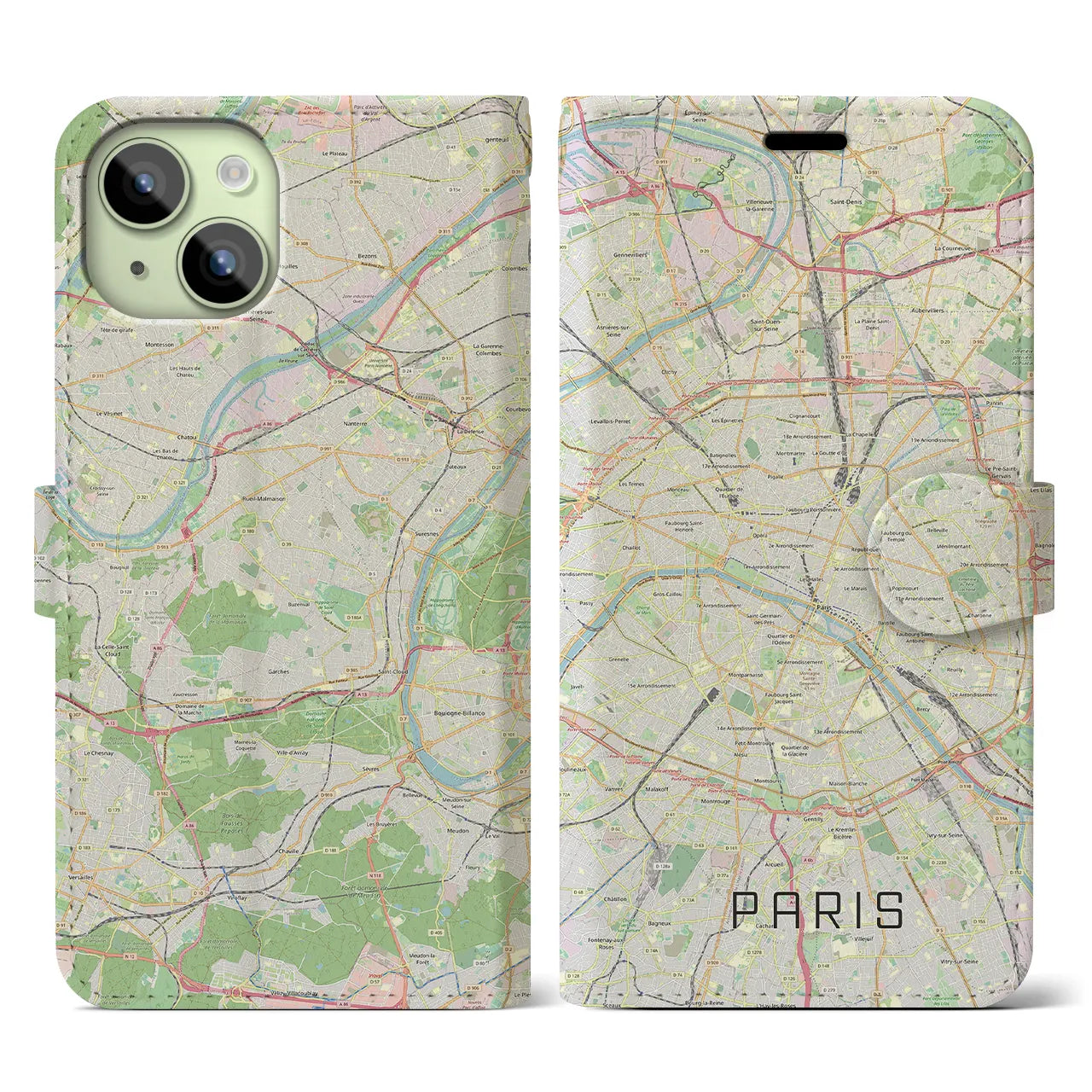 【パリ】地図柄iPhoneケース（手帳両面タイプ・ナチュラル）iPhone 15 用