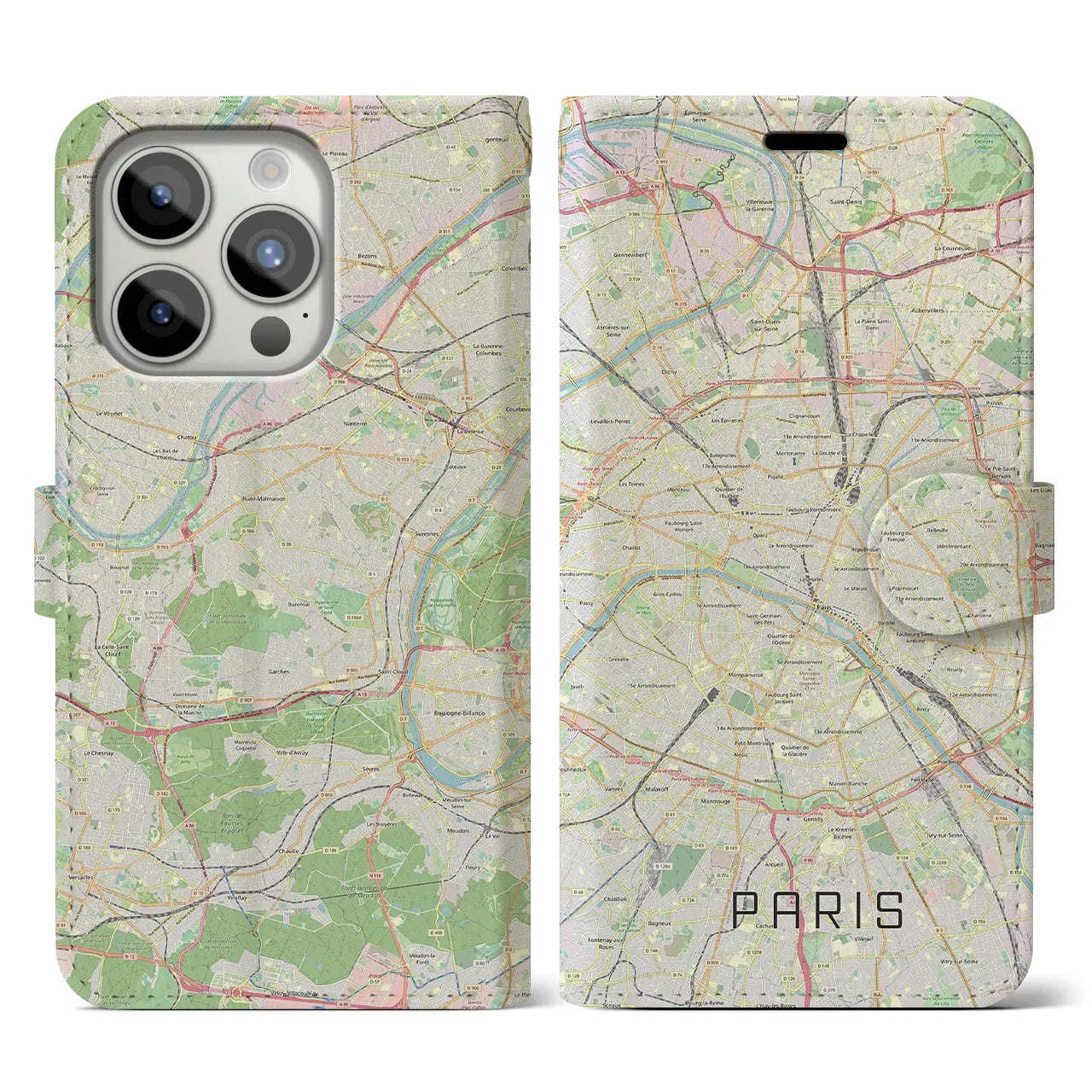 【パリ】地図柄iPhoneケース（手帳両面タイプ・ナチュラル）iPhone 15 Pro 用