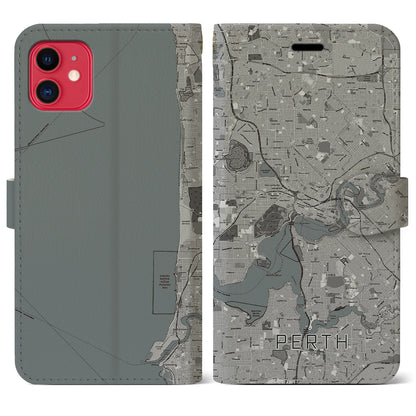 【パース（オーストラリア）】地図柄iPhoneケース（手帳タイプ）モノトーン・iPhone 11 用