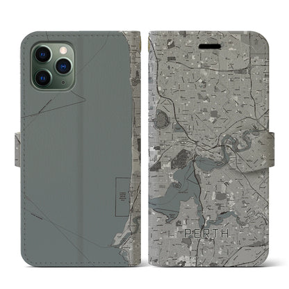 【パース（オーストラリア）】地図柄iPhoneケース（手帳タイプ）モノトーン・iPhone 11 Pro 用