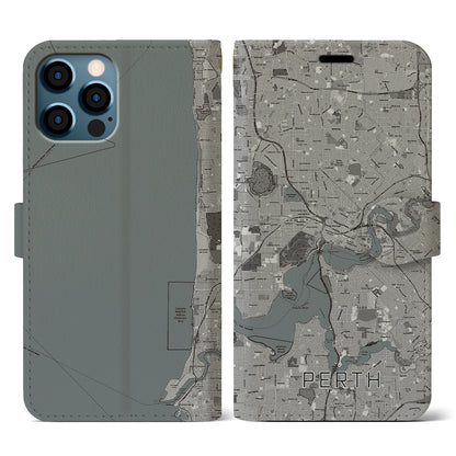 【パース（オーストラリア）】地図柄iPhoneケース（手帳タイプ）モノトーン・iPhone 12 / 12 Pro 用
