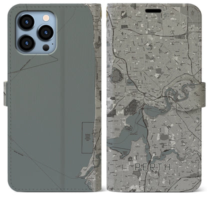 【パース（オーストラリア）】地図柄iPhoneケース（手帳タイプ）モノトーン・iPhone 13 Pro Max 用