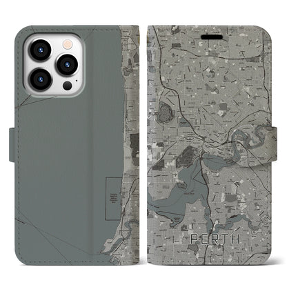 【パース（オーストラリア）】地図柄iPhoneケース（手帳タイプ）モノトーン・iPhone 13 Pro 用