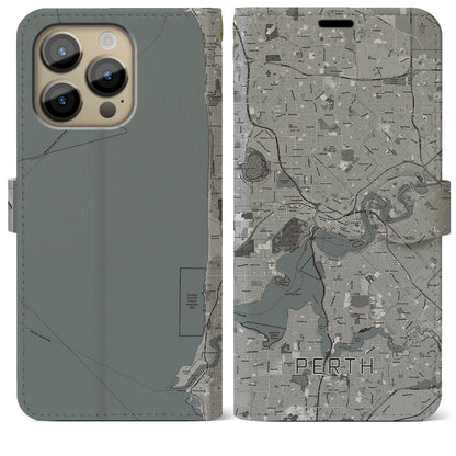【パース（オーストラリア）】地図柄iPhoneケース（手帳タイプ）モノトーン・iPhone 14 Pro Max 用