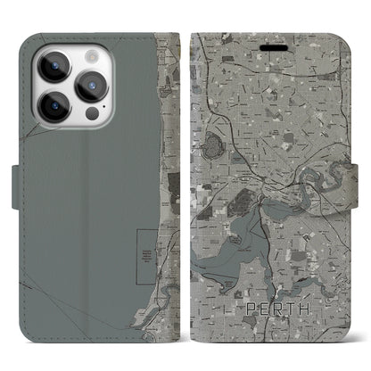 【パース（オーストラリア）】地図柄iPhoneケース（手帳タイプ）モノトーン・iPhone 14 Pro 用