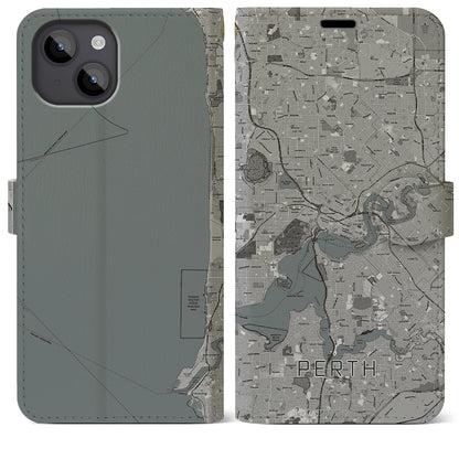 【パース（オーストラリア）】地図柄iPhoneケース（手帳タイプ）モノトーン・iPhone 14 Plus 用