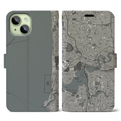 【パース（オーストラリア）】地図柄iPhoneケース（手帳タイプ）モノトーン・iPhone 15 用
